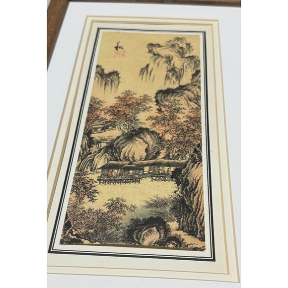 ASIAN Chinese LANDSCAPE art Watercolor paper w frame 15"x9" scroll - Picture 2 of 8